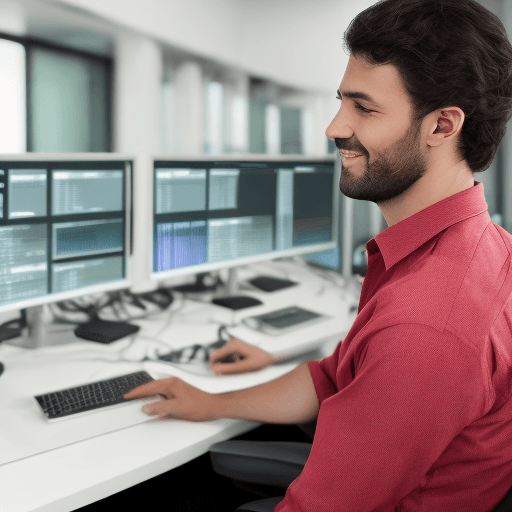AI generated: Photo of a software professional working with multiple computers
