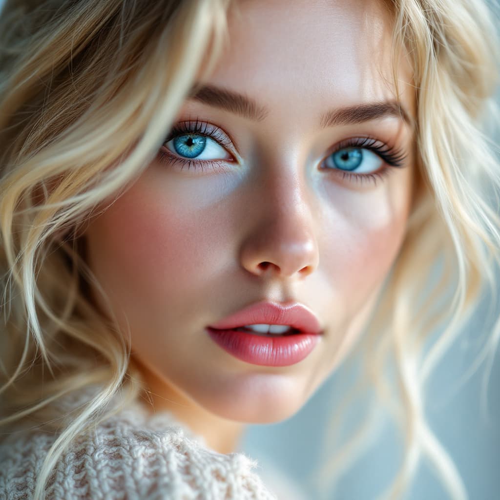 AI generated: an artist is showing an image of a blonde beauty with blue eyes, in the style of realistic hyper-det...