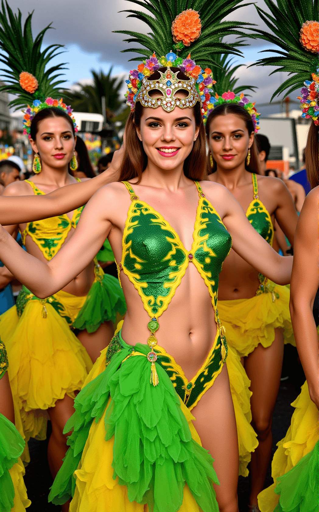AI generated: Emma Watson is pictured as a vibrant samba dancer, adorned in an elaborate leafy pineapple bodysuit-...