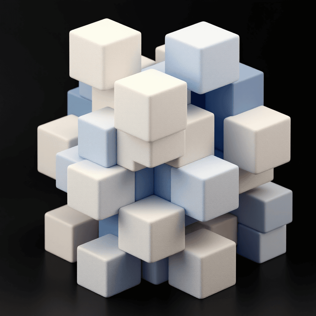 AI generated: 3D geometric composition, complex layered cubes and geometric shapes in soothing beige and blue tone...