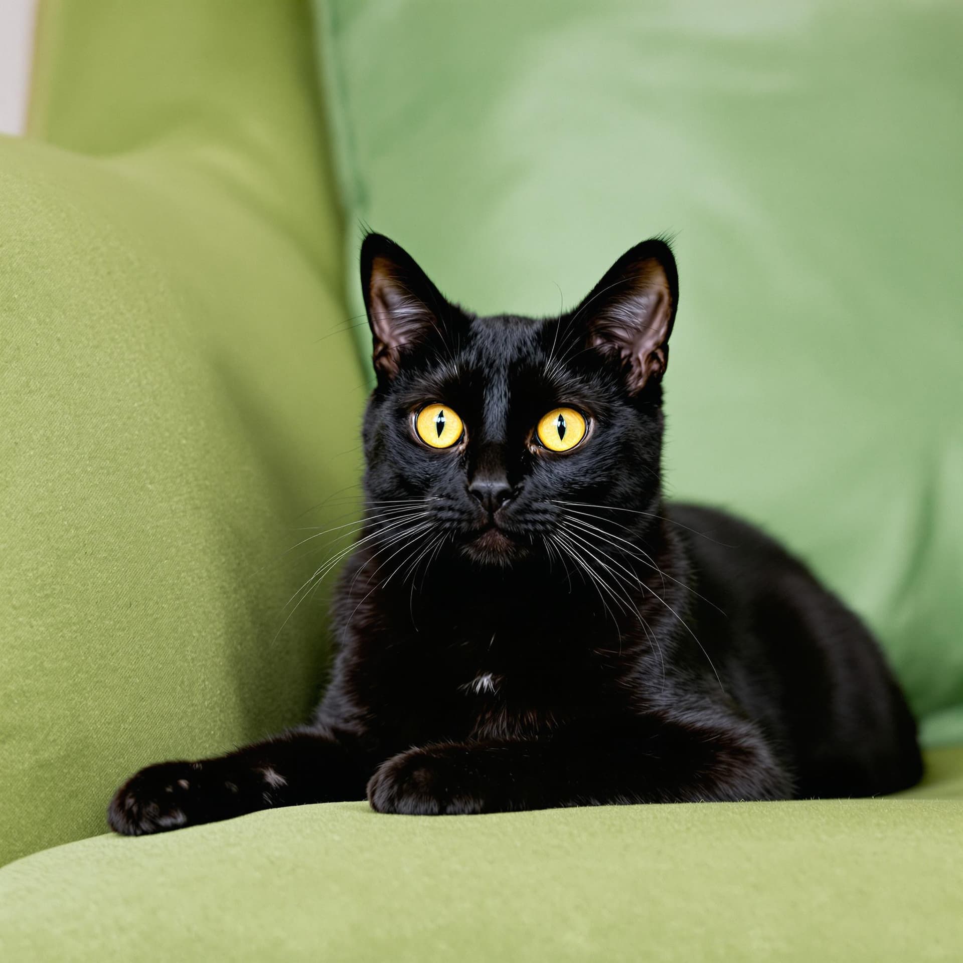 AI generated: A black cat with stunning Yellow eyes sitting on a green sofà lazing