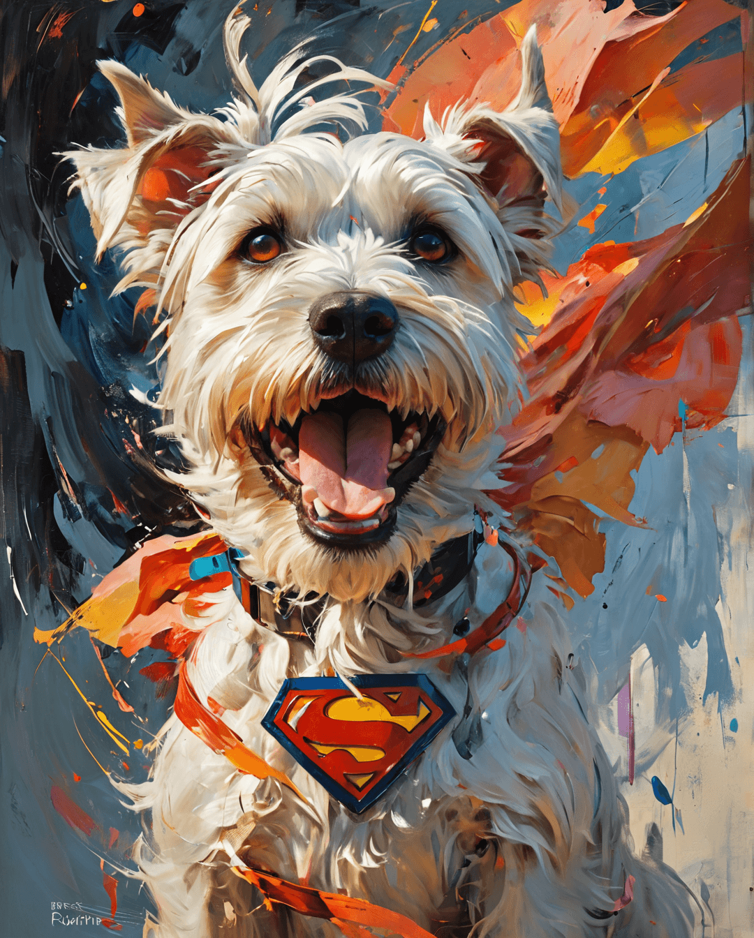 AI generated: abstract expressionist painting a Close up Potrait of dog as Krypto breed of a Cream color terrier m...