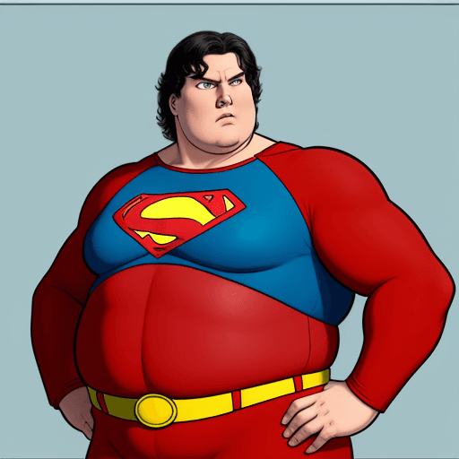 AI generated: Javier Milei as 55 years old, fat Superman, cartoon, high details, comic 
