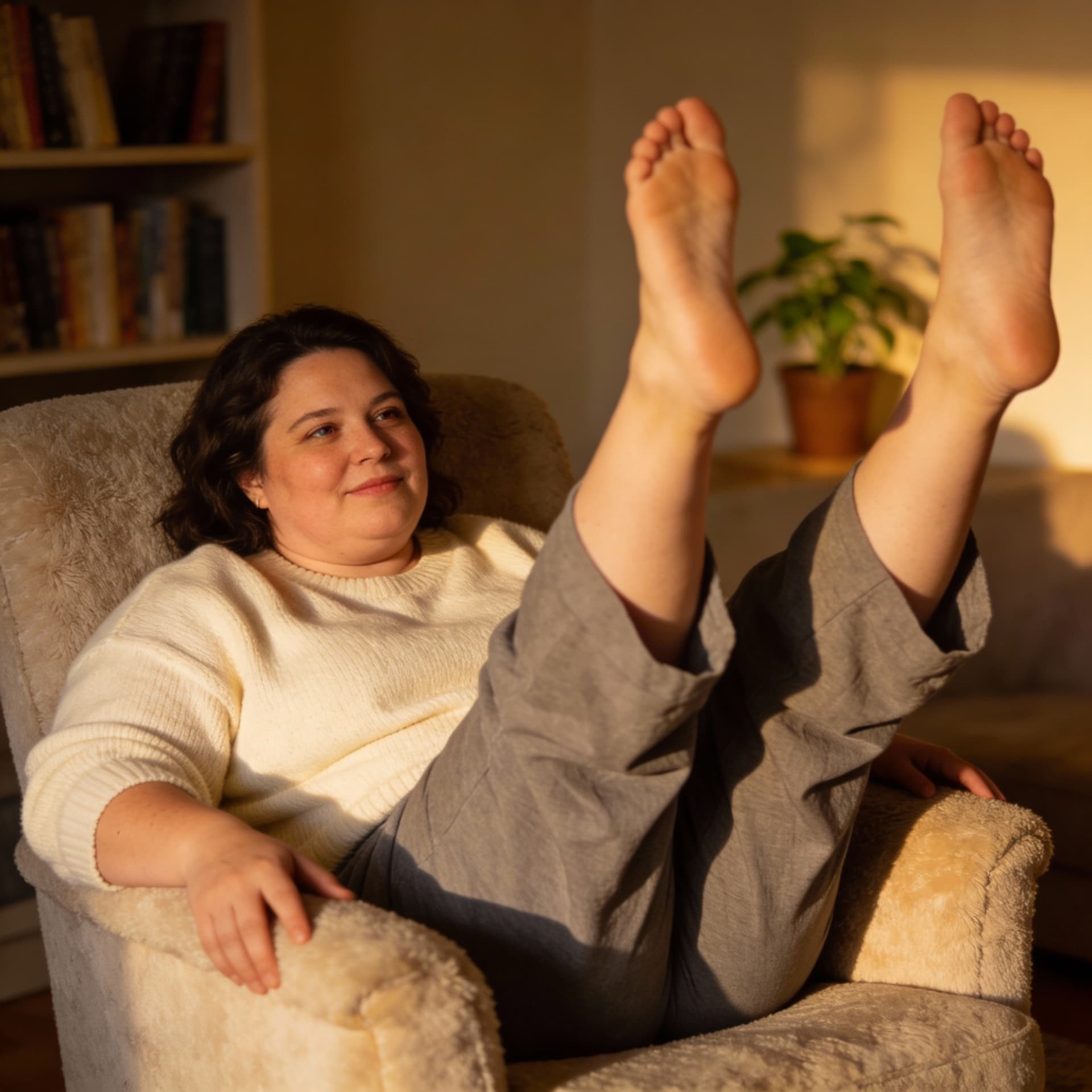 AI generated: create image for wife plump sitting and raises legs up spreading 