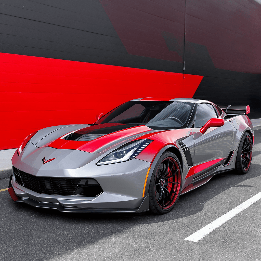 AI generated: Corvette c6 z06 with 3 colours gray and black and red 
a gray colour is the majority and make long ...