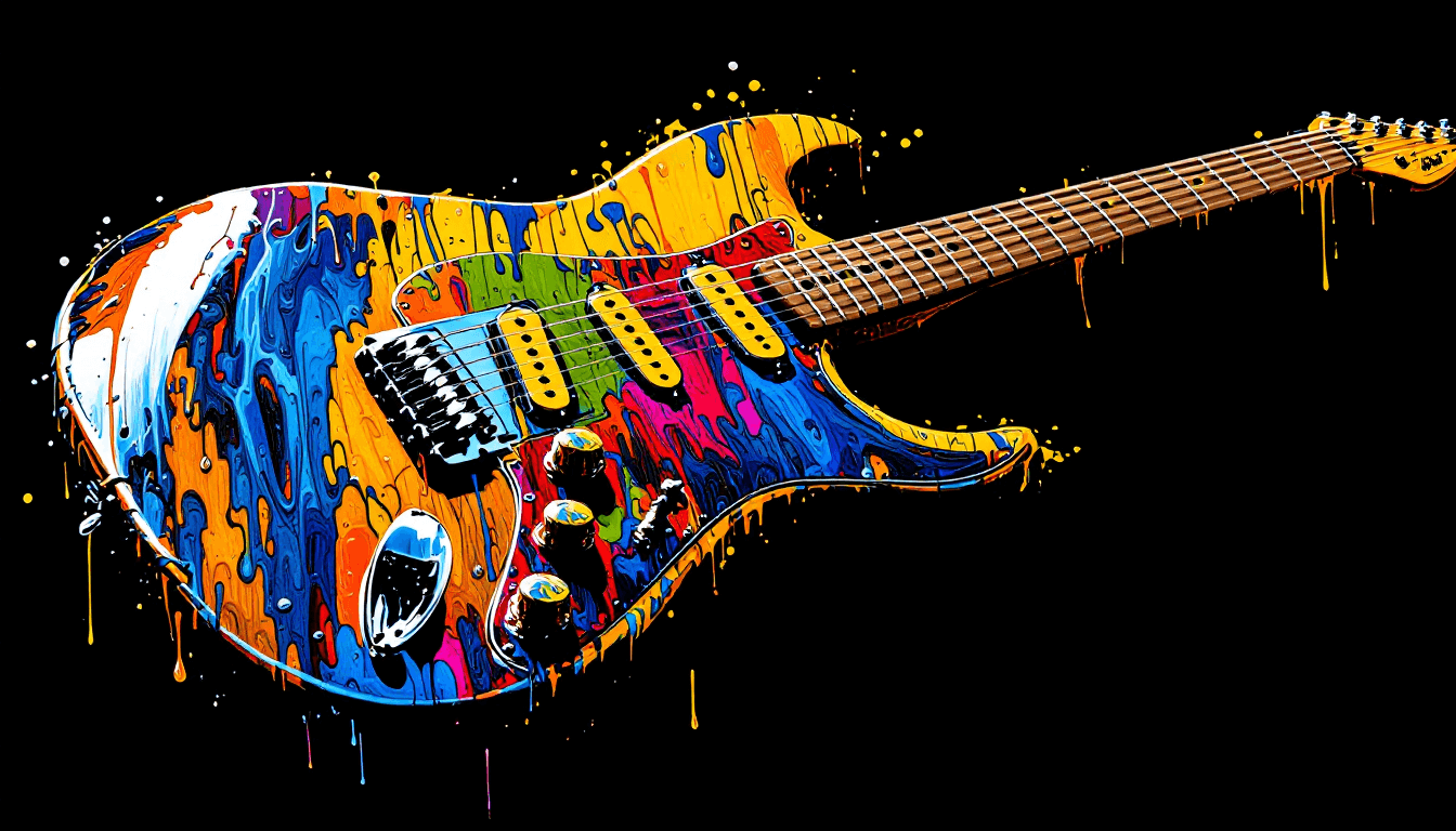AI generated: An absrtact art image  Fender Stratocaster Electric Guitar, Brass body with chrome pickups, rosewood...