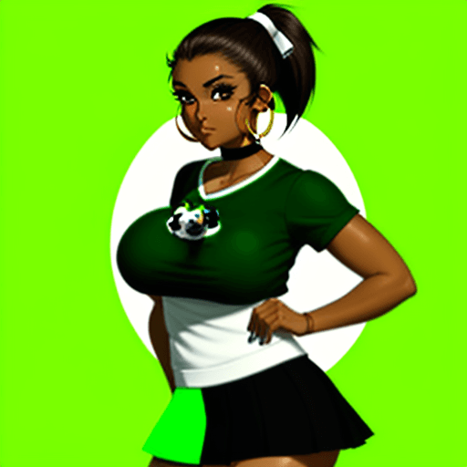 AI generated: panda delgado , brown hair, dark skin, green eyes, big breasts, two tone hair, hoop earrings, single...