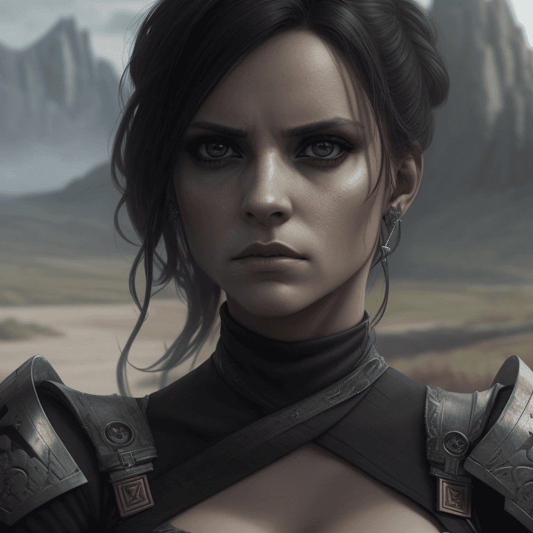 AI generated: Reyna from Valorant with a vengeful look in her eyes, focusing on her face with a landscape behind h...