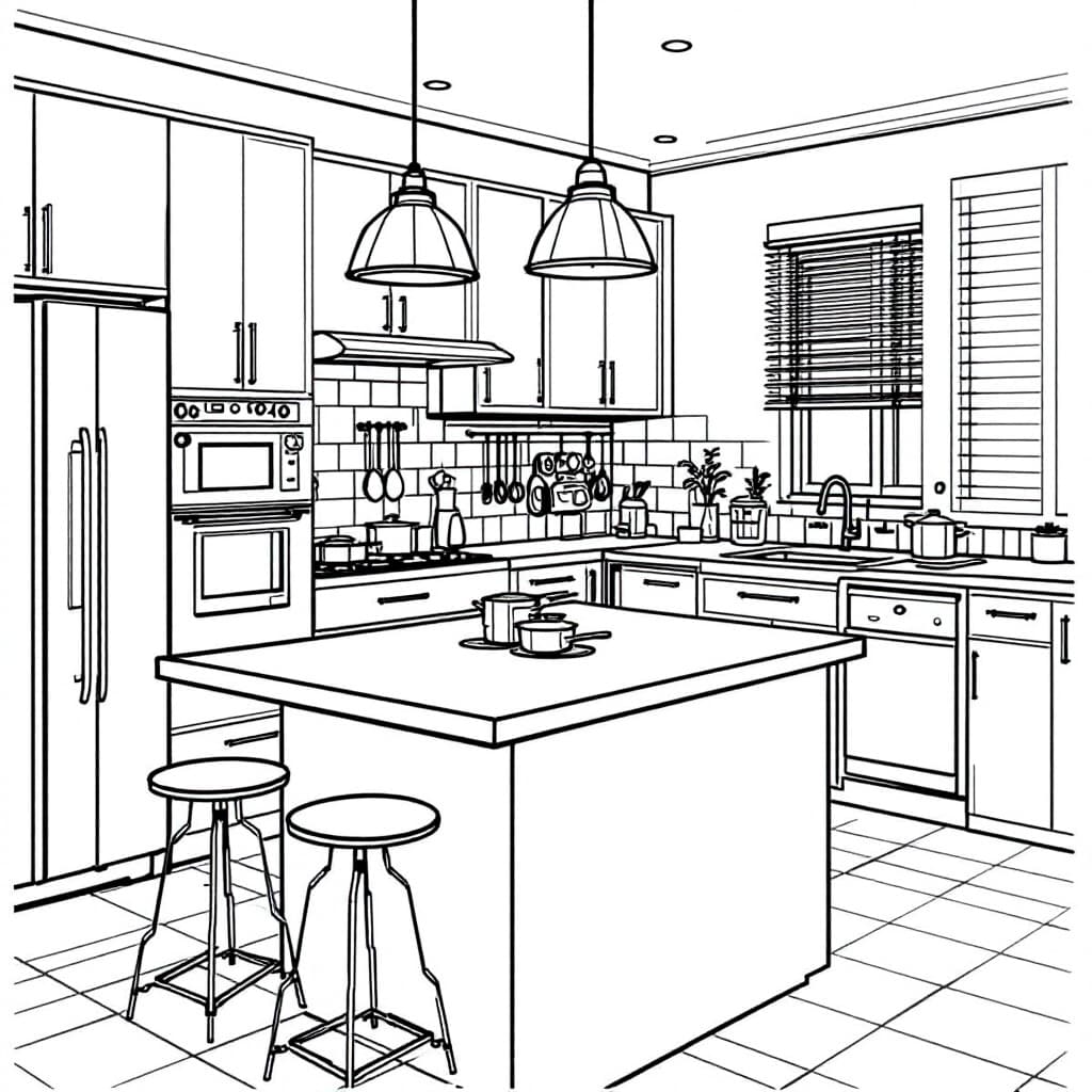 AI generated: Create a high-resolution black-and-white line drawing of a modern kitchen. Include detailed elements...
