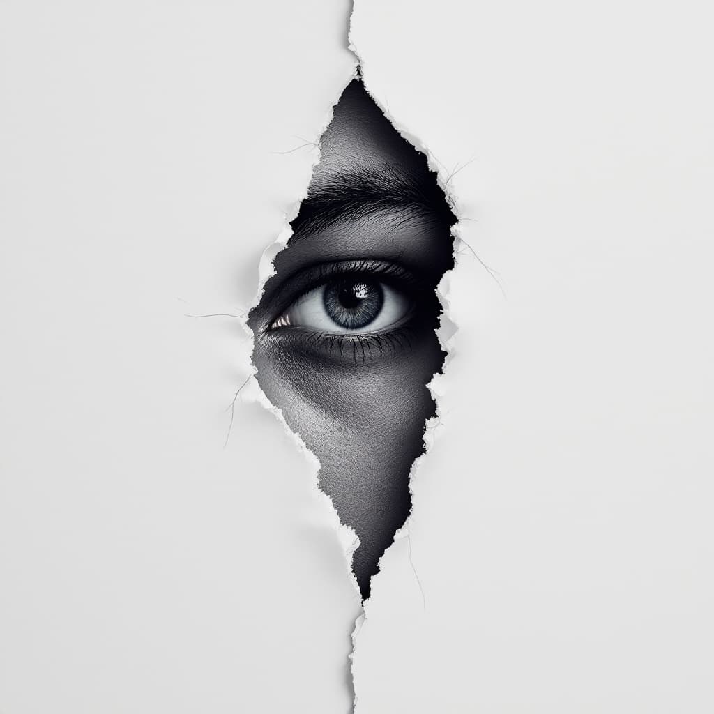 AI generated: A hyperrealistic, white background of an eye peeking through ripped paper with the shape of one huma...
