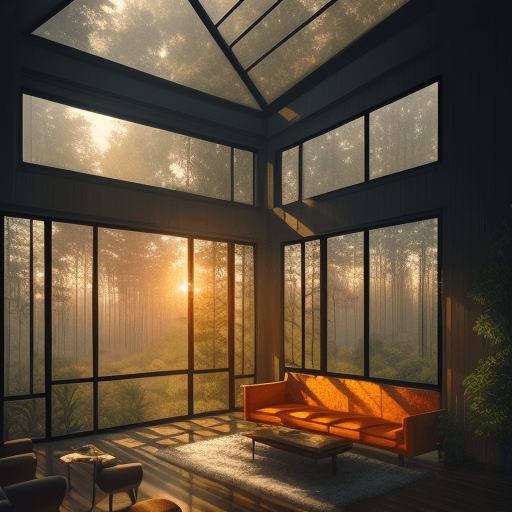 AI generated: a digital art of a beautiful house where walls are made of windows in mid-century modern style at su...