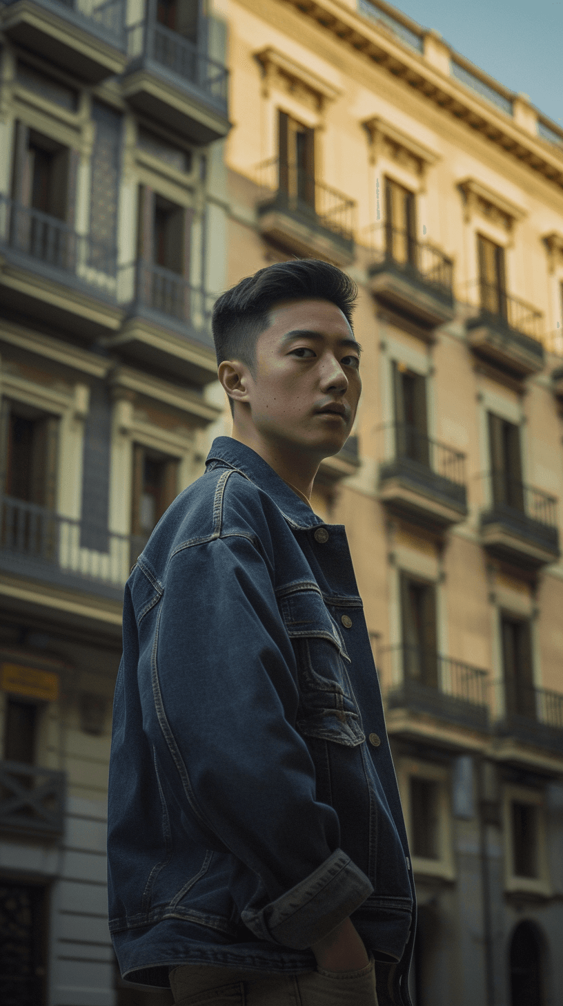 AI generated: A photorealistic portrait of a handsome Chinese man with short hair, standing in front of a famous l...
