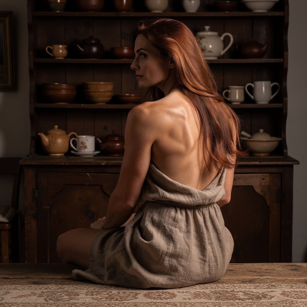 AI generated: Create a photorealistic image of a fit, nude adult woman sitting on a table in an old-fashioned kitc...