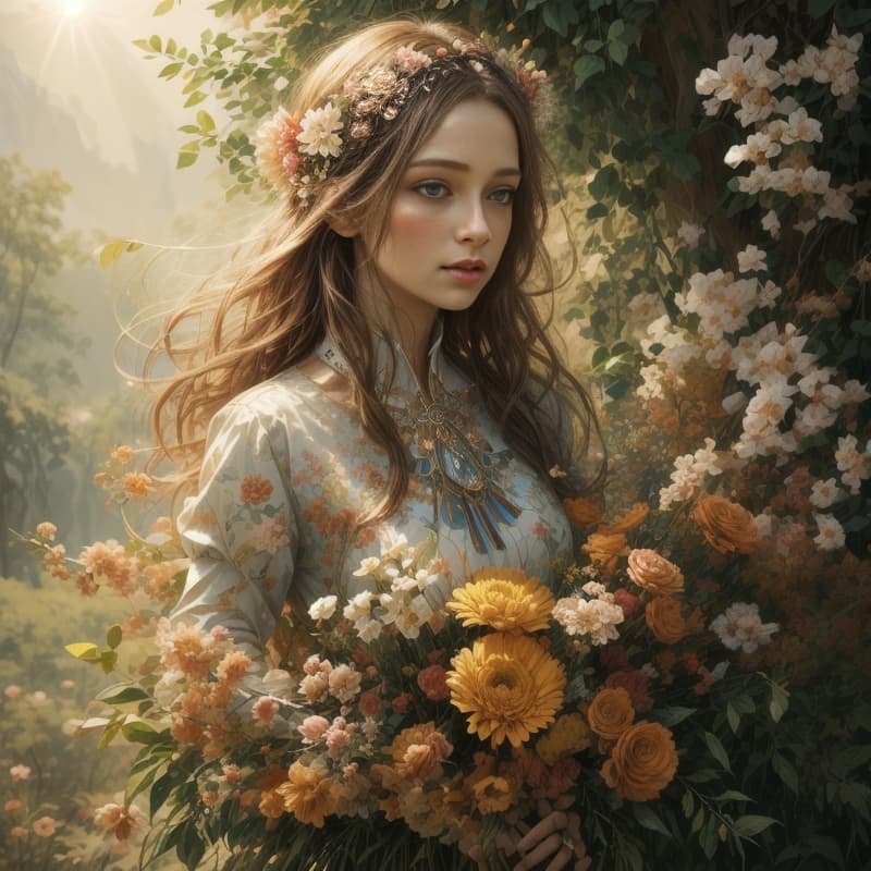 AI generated: commercial illustration of a woman dressed in flowers with flowers in her hair, in the style of artg...