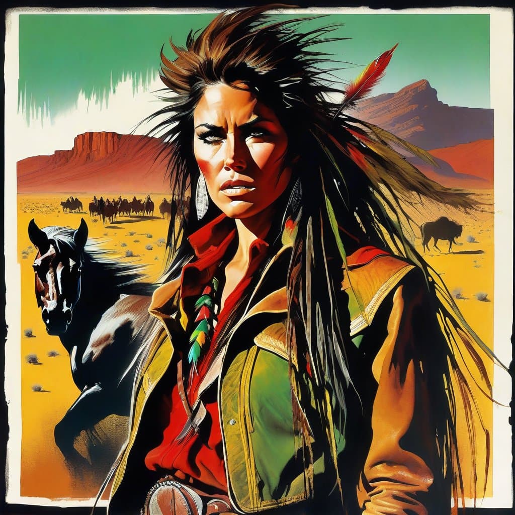 AI generated: A vintage poster style of a young native american female, slight cyan/green and red cast, desert lan...
