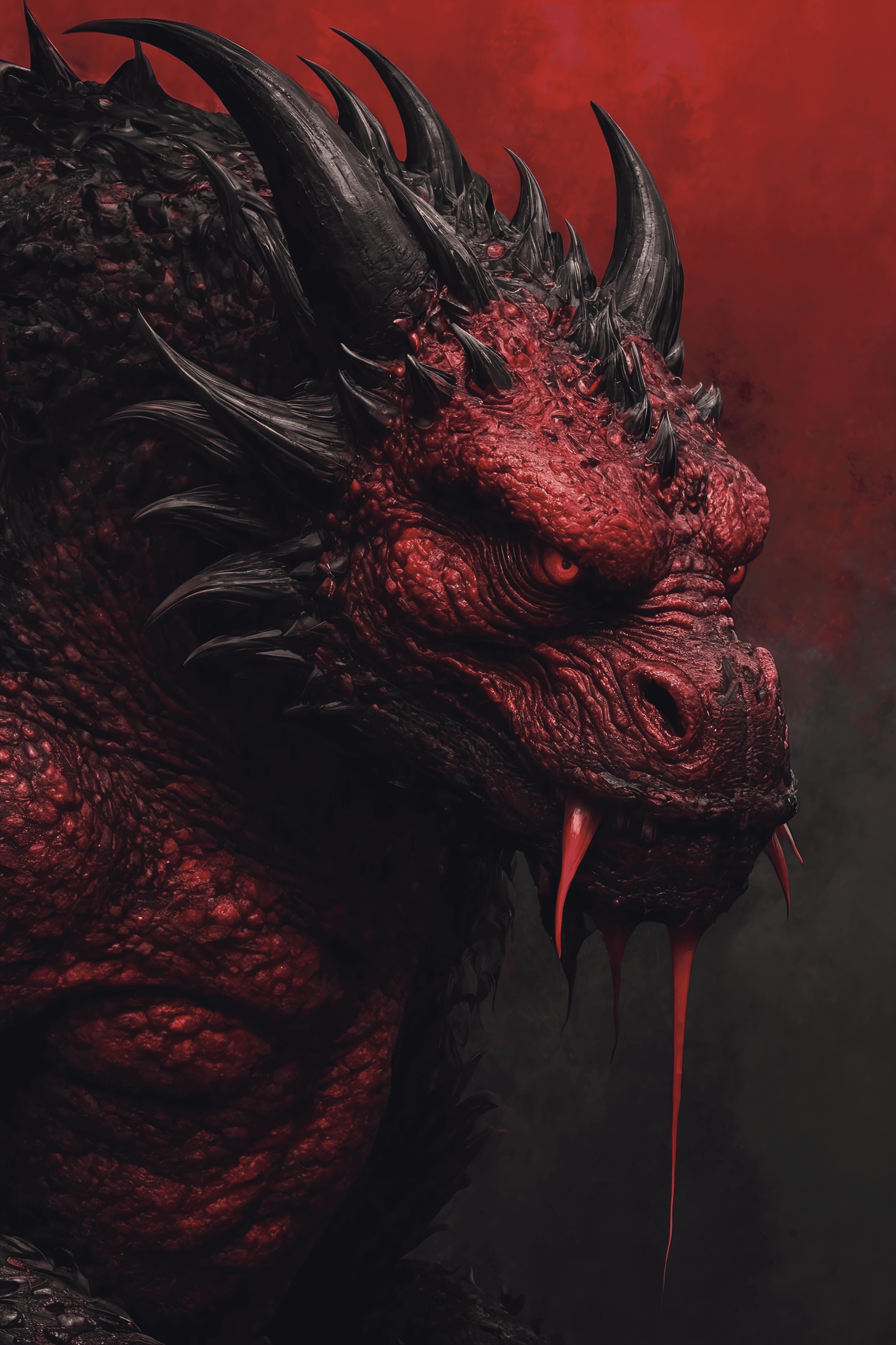 AI generated: Red Dragon Monster, Digital painting, digital medium, contemporary era, primarily dark and red tones...