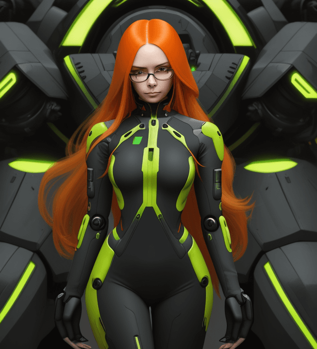 AI generated: Orange long hair, black and green jumpsuit, woman, futuristic tech, glasses, smug, hypnotic, mech su...