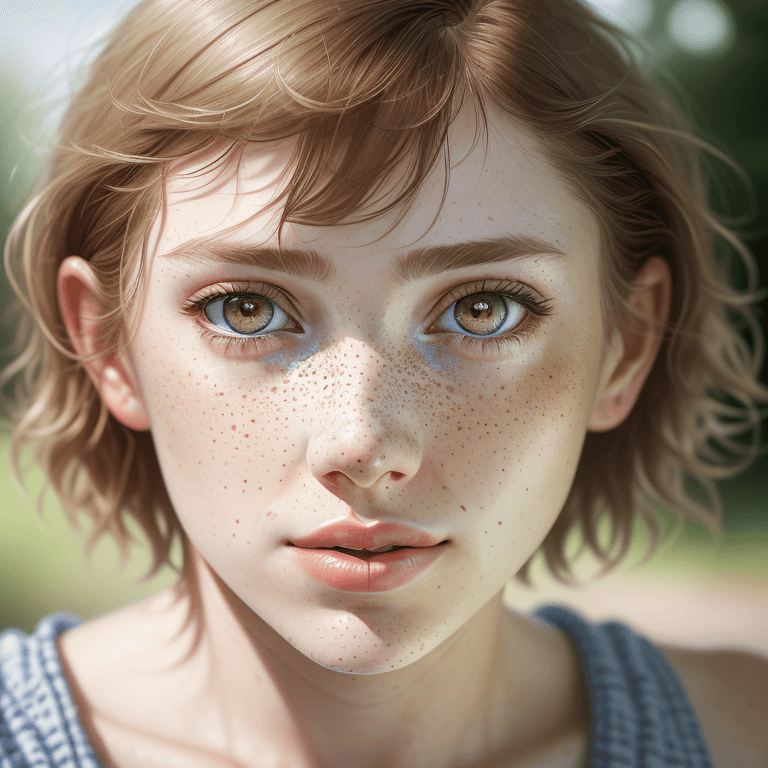 AI generated: Detailed and realistic portrait of a 20 year old woman with freckles, round eyes and short messy hai...
