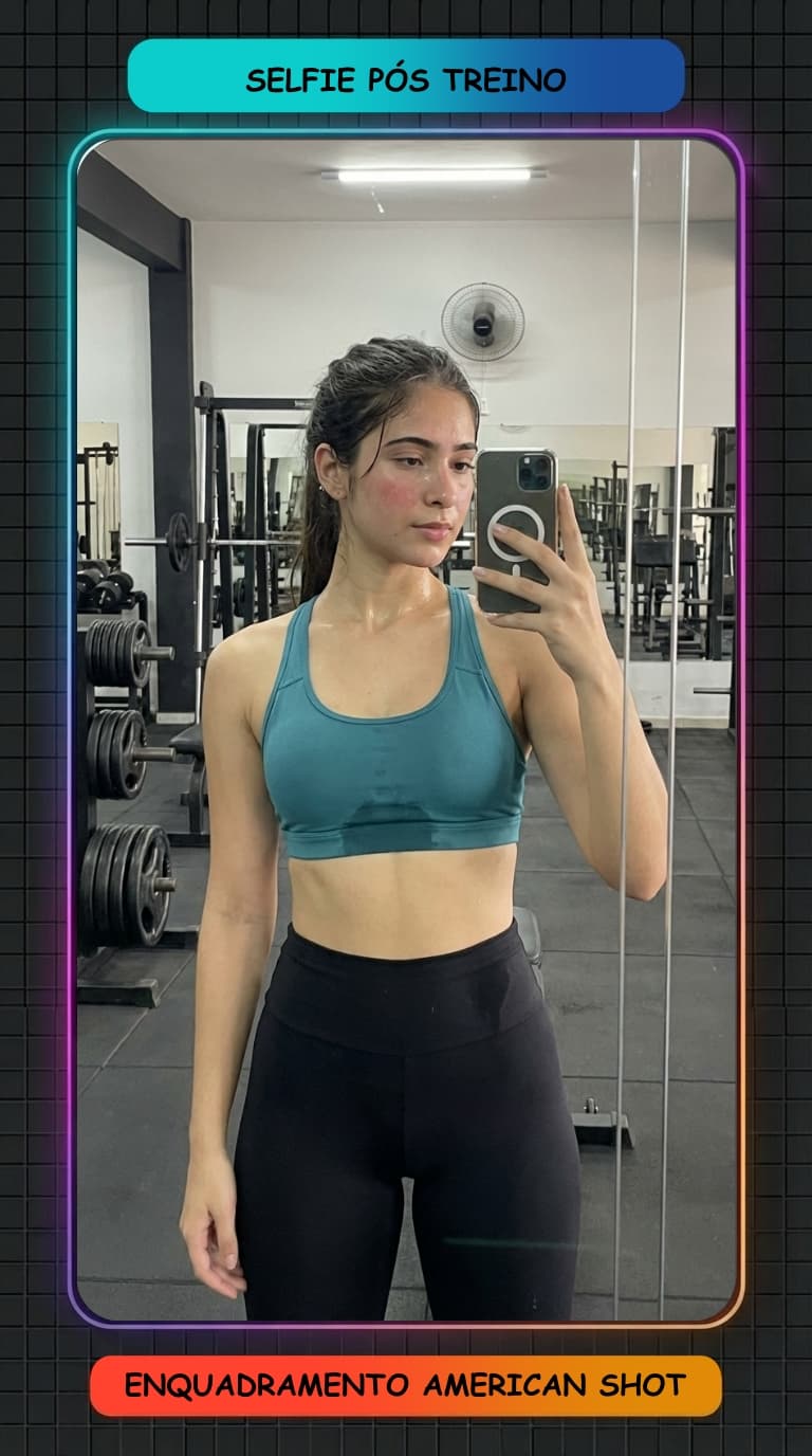 AI generated: Realistic post-workout gym mirror selfie (American shot / three-quarter body portrait) of a real hum...