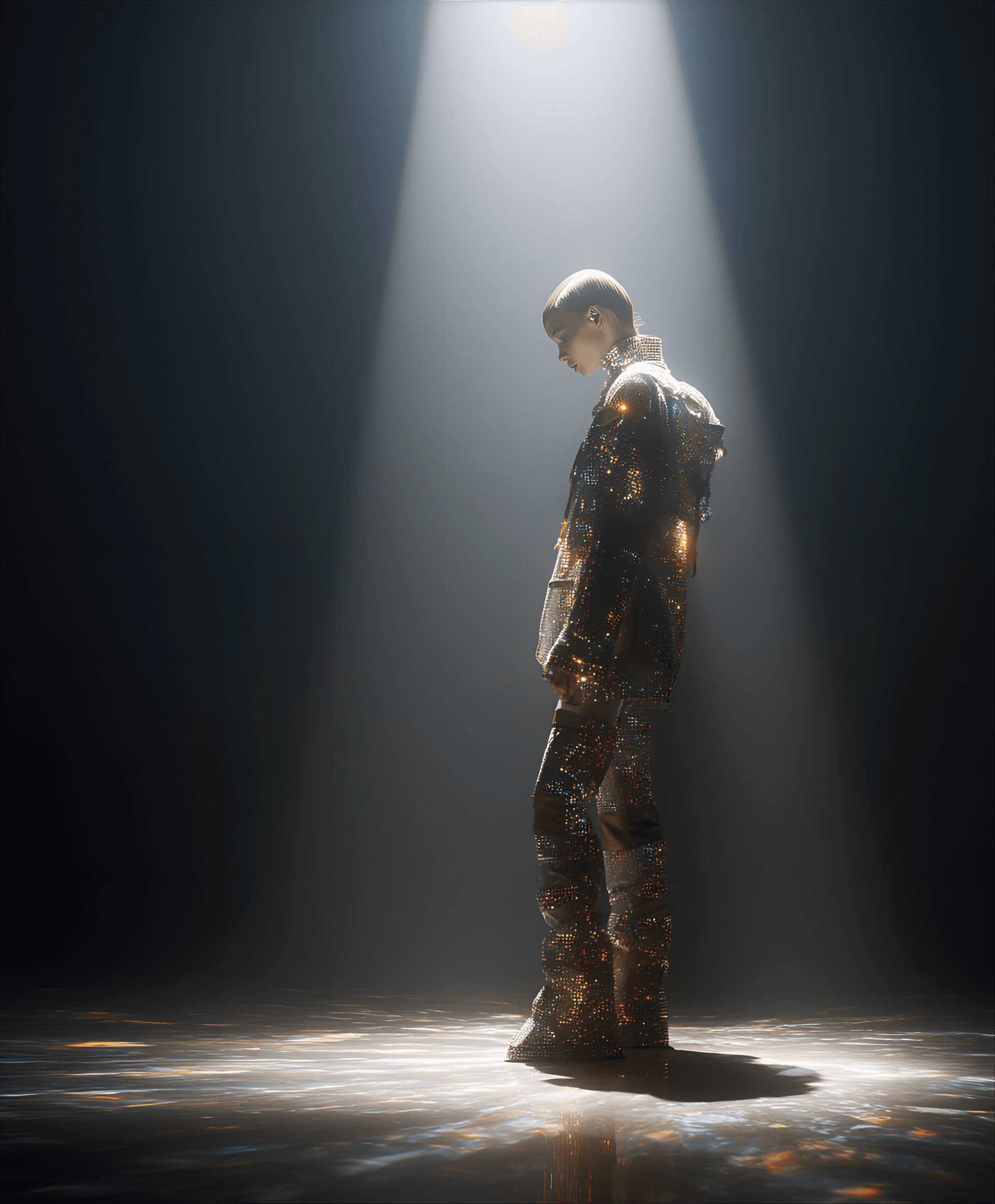 AI generated: cinematic minimalism, a lone alien model showcasing minimalist fashion, runway in space, simple patt...