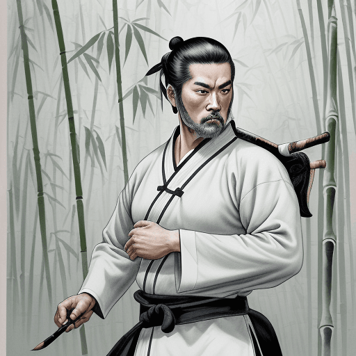 AI generated: A photorealistic 4K image of a color flat primer, de frente, hombre guerrero ninja atractivo, front ...
