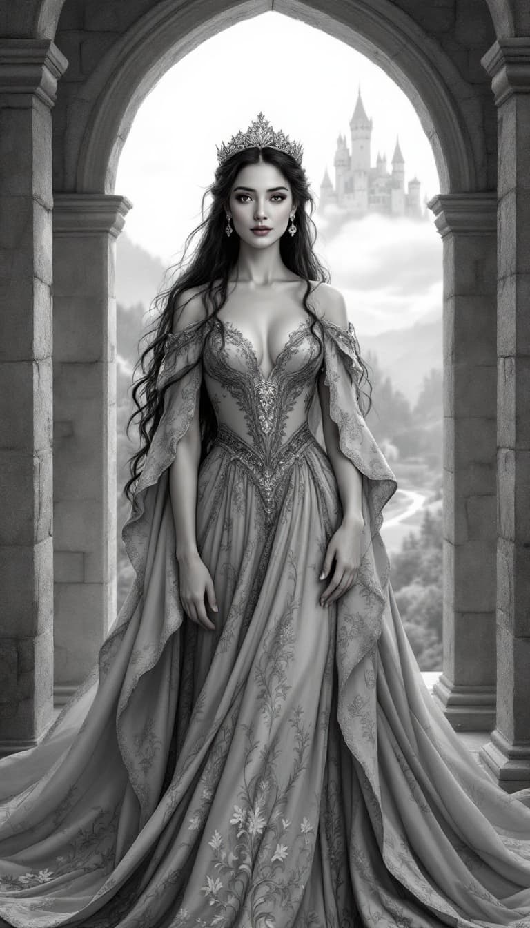 AI generated: A regal figure stands poised within a stone archway, her expression conveying a blend of strength an...