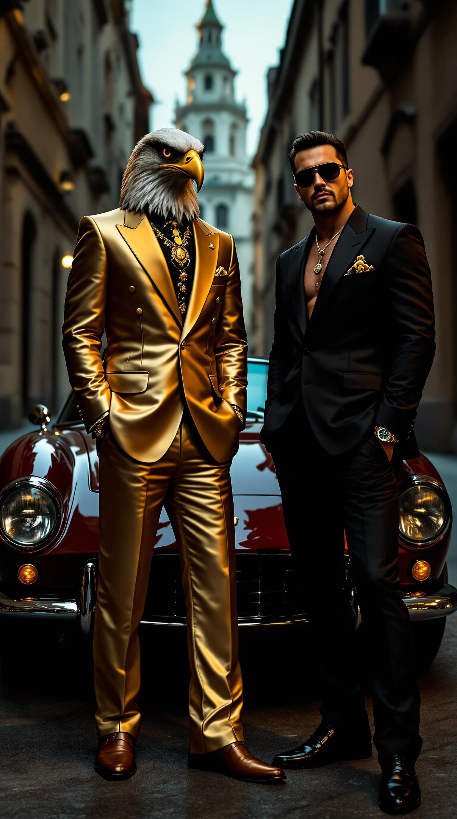 AI generated: Two men dressed in high-end Italian fashion, exuding the aura of powerful mafia leaders. One has the...