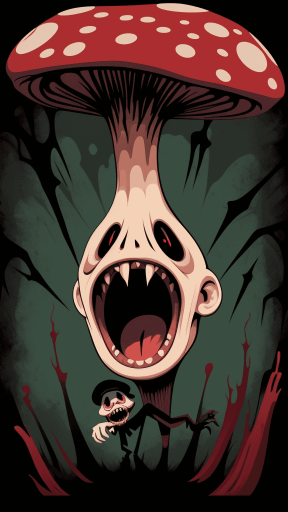AI generated: vector horror art on the diverse background, a screaming crazy anthropomorphic evil mushroom with 's...