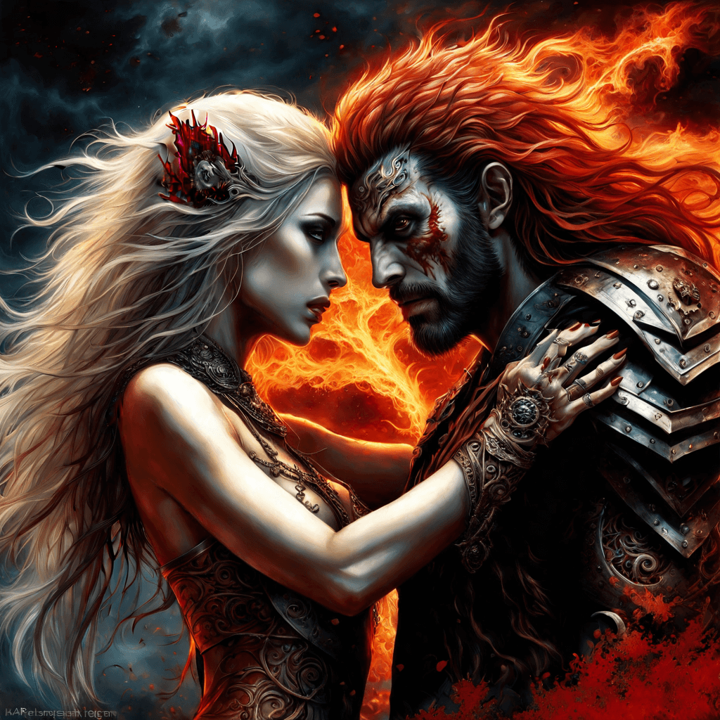 AI generated: A stunningly intricate close up portrait of an ethereal dark fantasy couple surrounded by flames, ((...