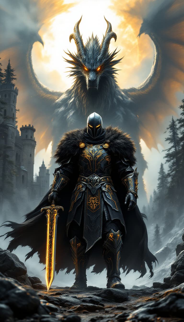 AI generated: An ultra-realistic, wide angle, front facing, full-body portrait of a formidable German Rune Knight ...