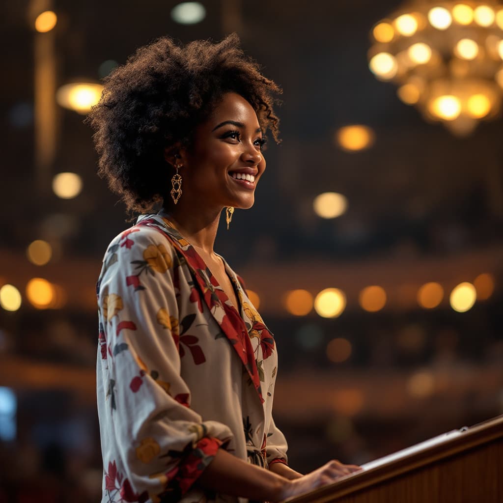 AI generated: A young African lady smiling, standing on a podium in a big hall receiving a recognition award for h...