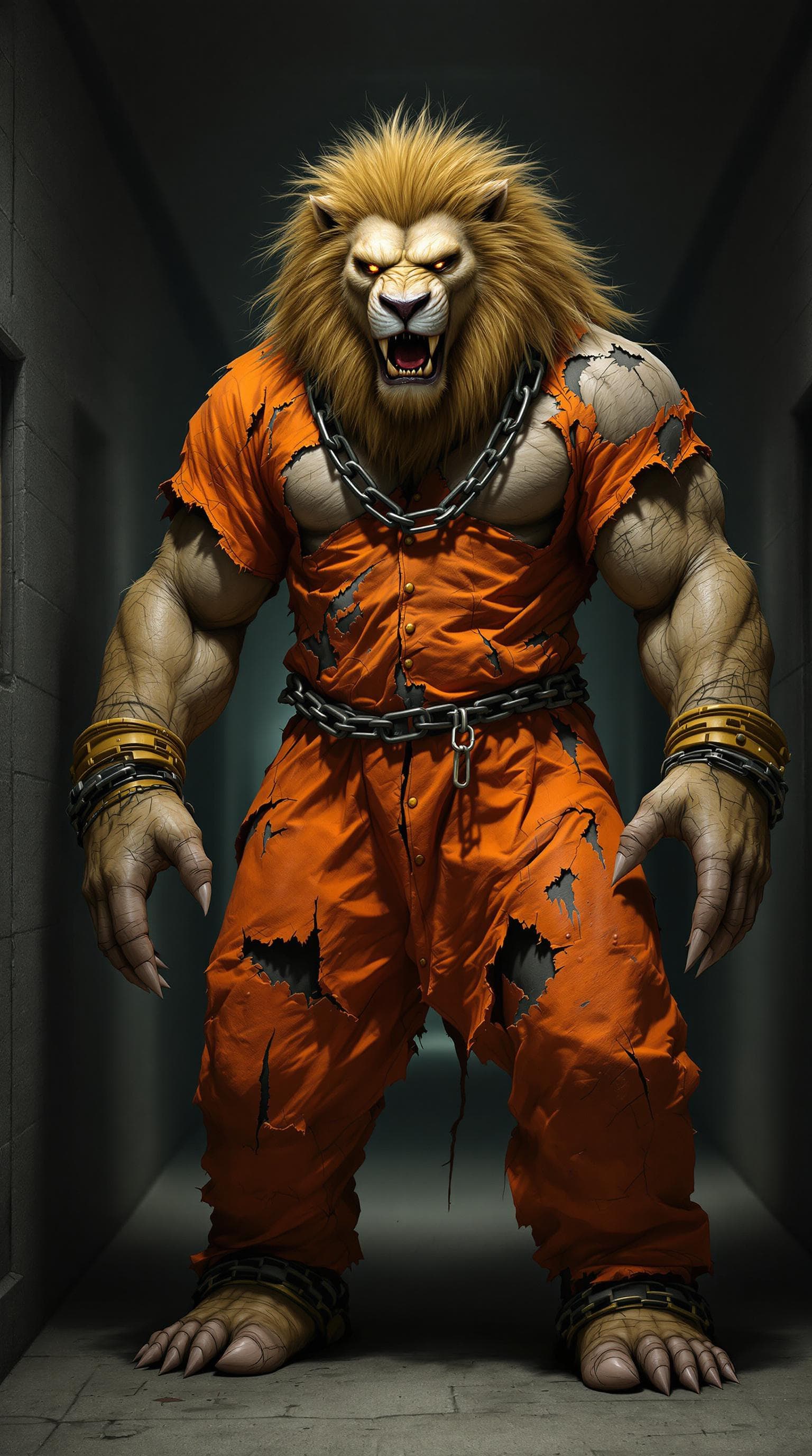 AI generated: A monstrous humanoid lion with a thick golden mane, extreme muscles, and sharp claws, wearing a tatt...