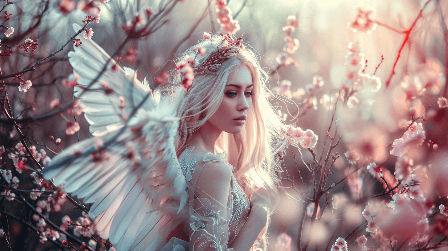 AI generated: In the middle of a Chinese Cherry Blossom Forest is a beautiful bohemian fairy with wild long blonde...
