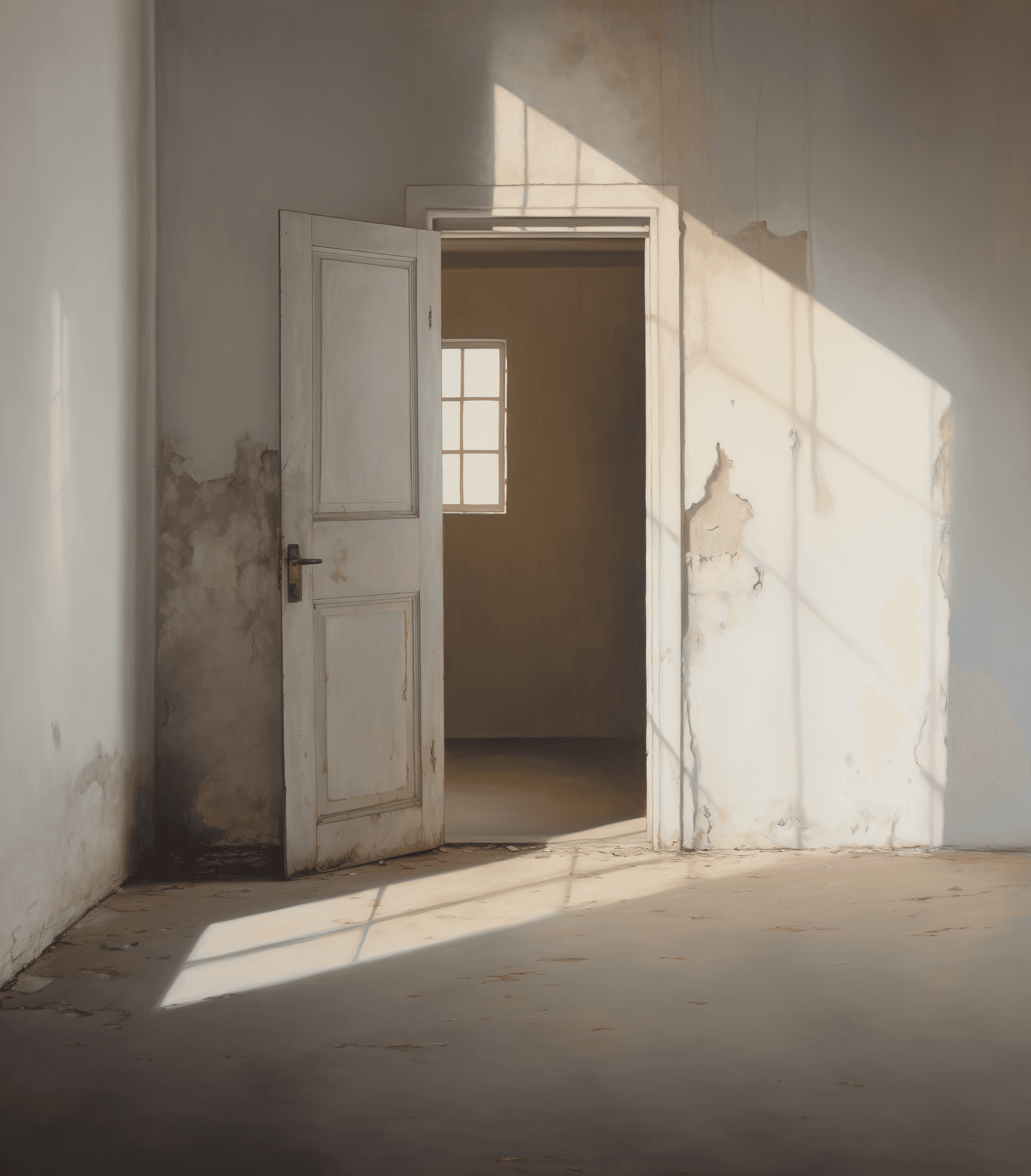 AI generated: A painting depicting an empty room with white walls and wooden doors, with sunlight streaming throug...
