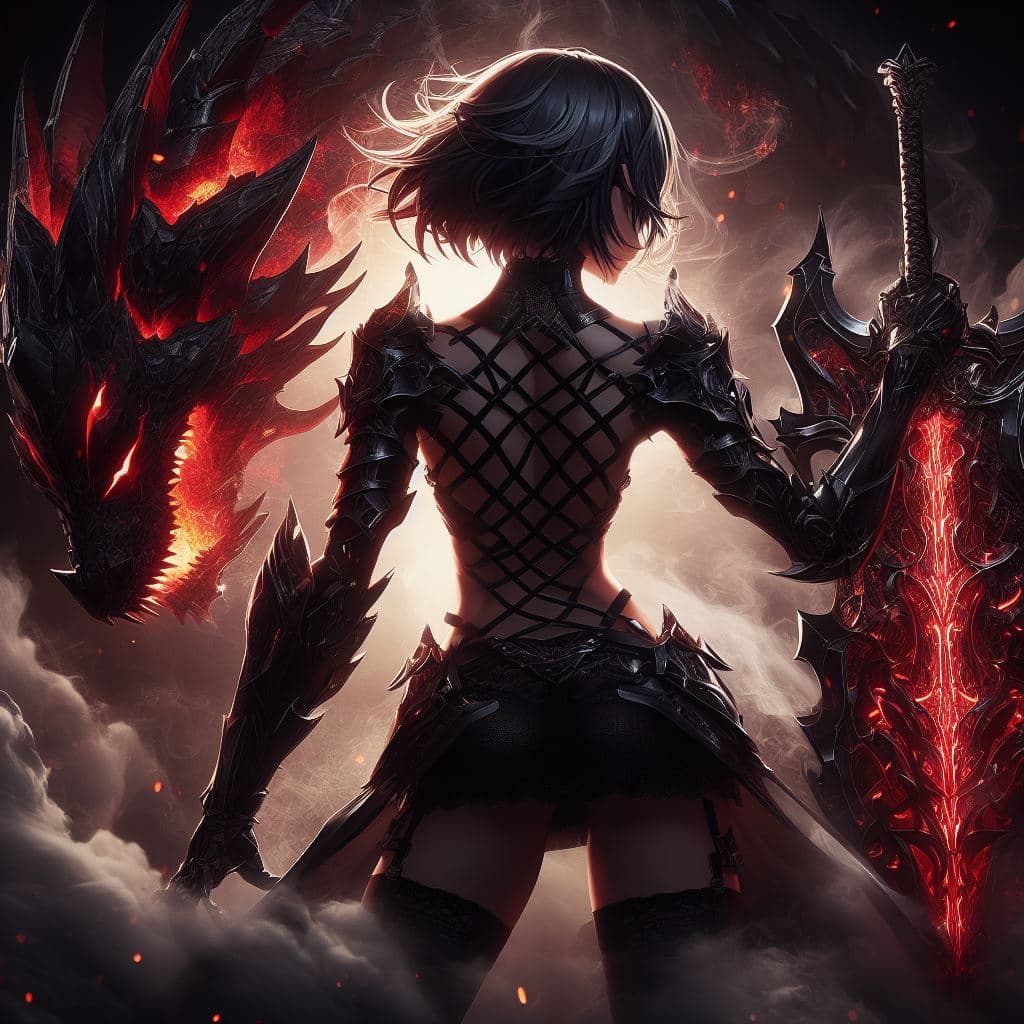 AI generated: Back shot. A badass manga female holding a massive sword with a serrated blade and a massive detaile...