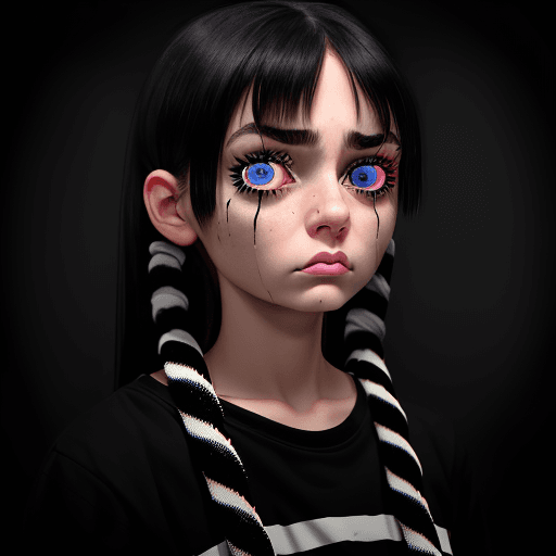 AI generated: Sad girl with black ropes in her eyes, black ropes coming out from her eyes