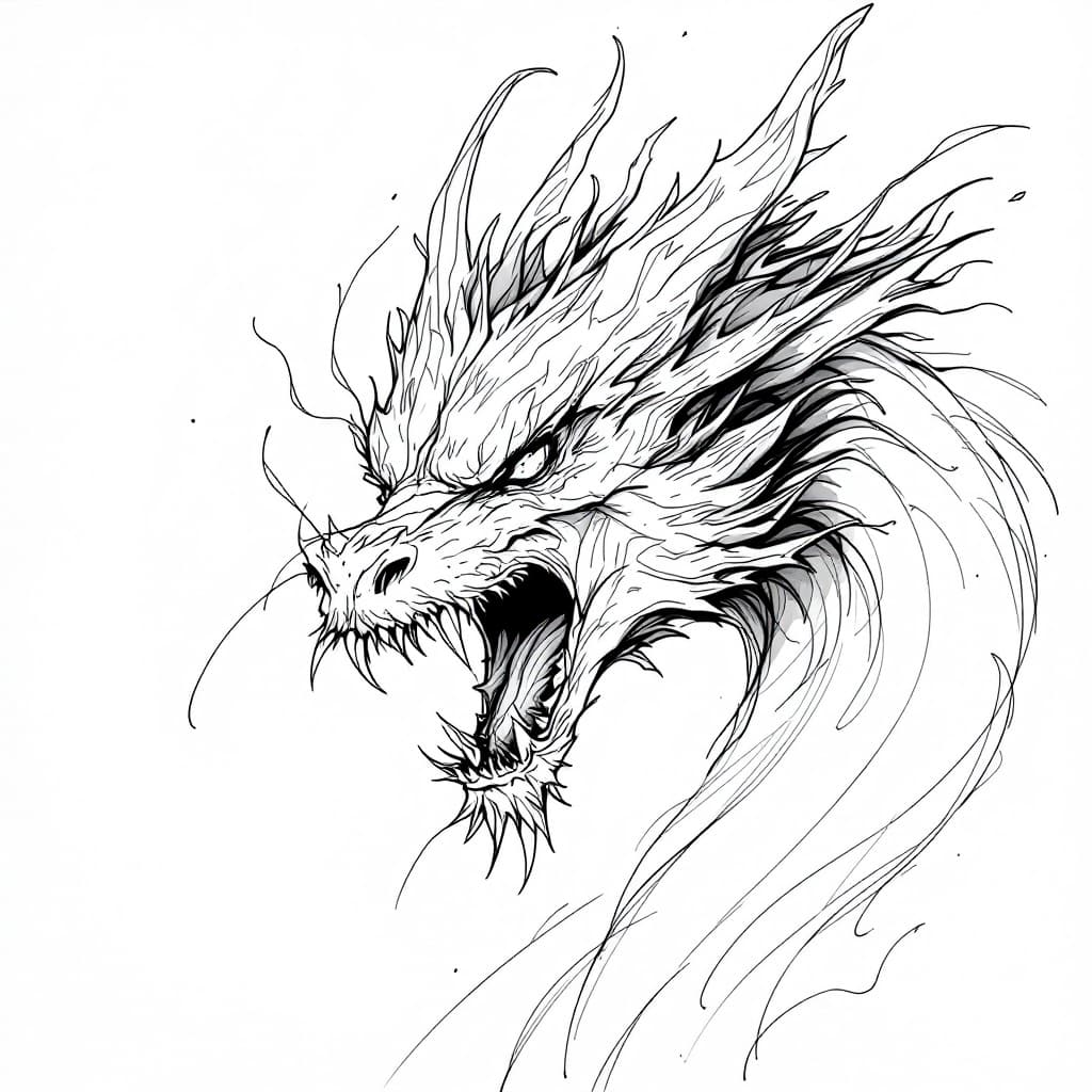 AI generated: A detailed sketch of a dragon evil roaring head, featuring expressive and flowing line-work. The por...
