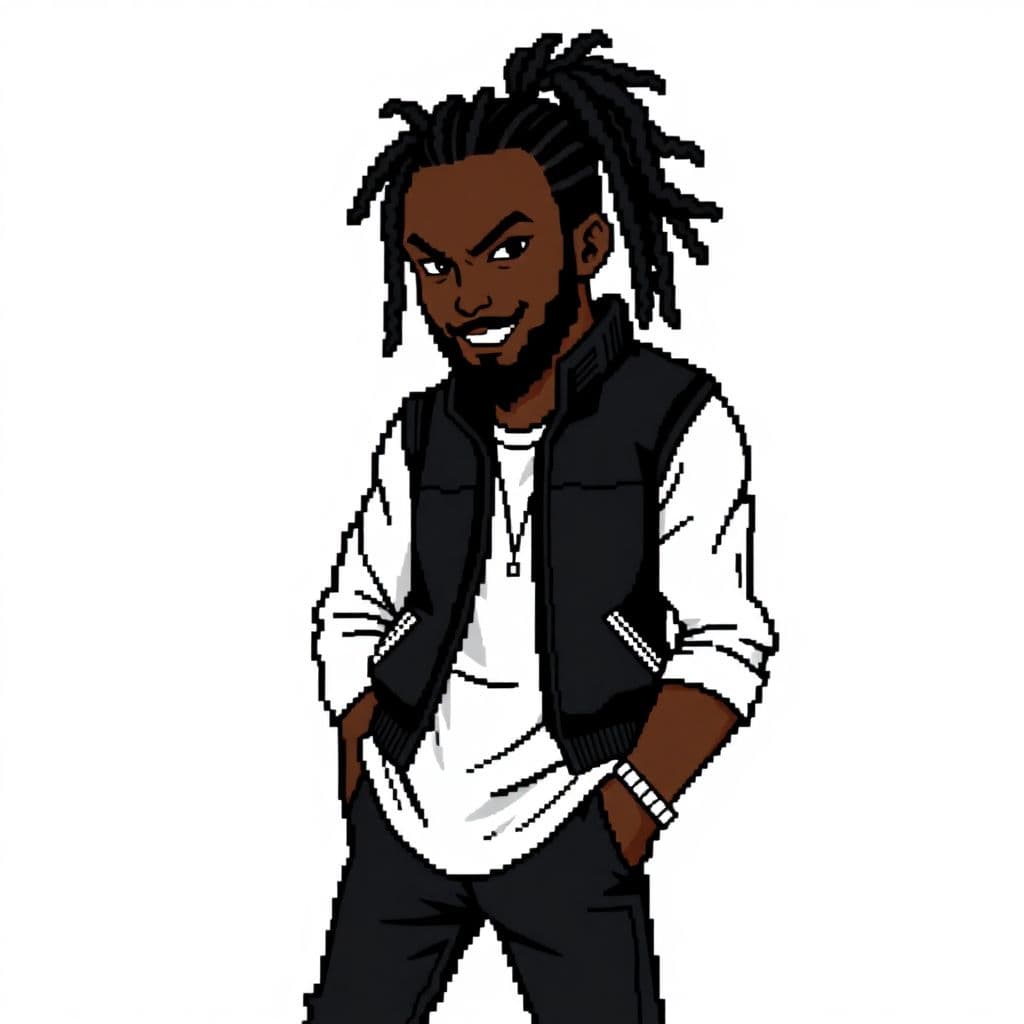 AI generated:  pixelated art style from the NES era  of a black male with an Espresso skin tone with  locs in a po...