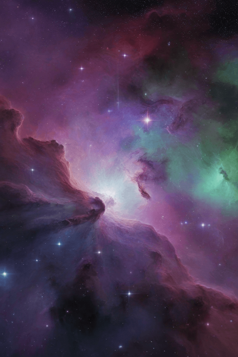 AI generated: Stunning nebula in space, dynamic colors, purple and green, stars in background, hyper realistic