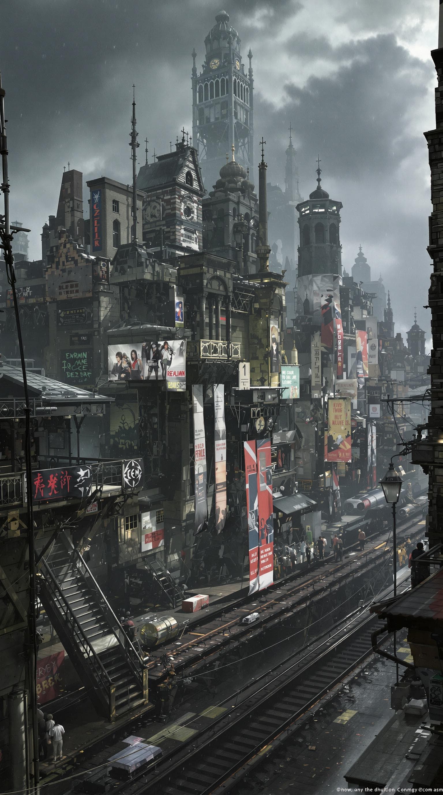 AI generated: Una vista hiperrealista de la ciudad de Timber de Final Fantasy VIII, una ciudad rebelde y melancóli...