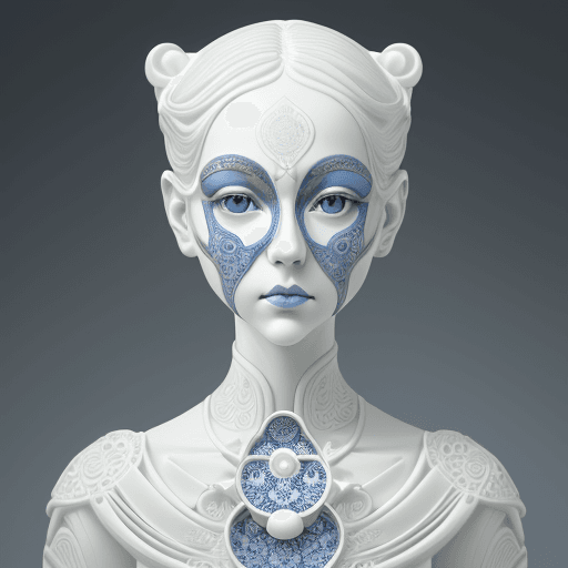 AI generated: a woman made out of porcelain, in the style of balanced symmetry, white and blue, detailed facial fe...