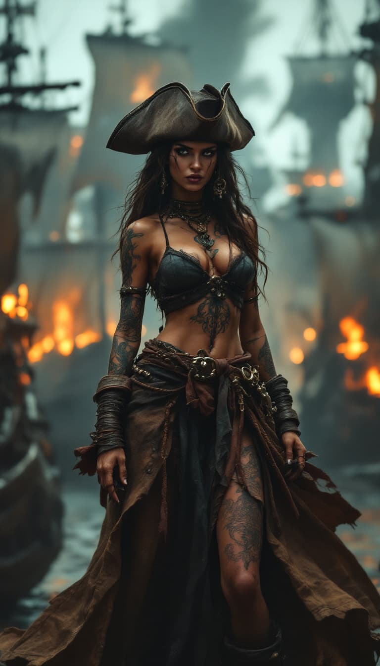 AI generated: Full body view A commanding Native Caribbean pirate captain stands tall amidst the Pirate City of Lo...