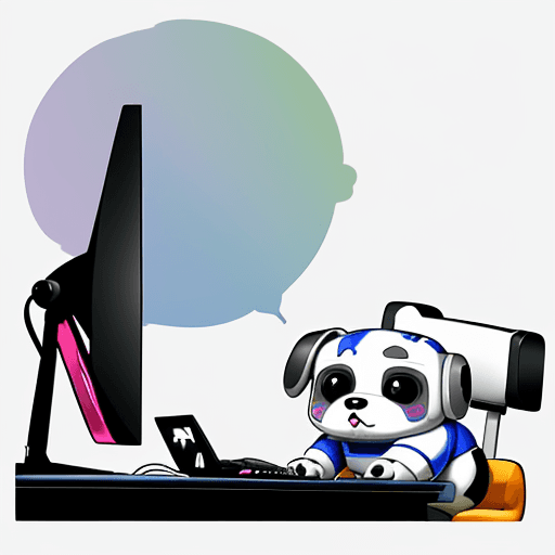 AI generated: cute chubbby robotic cartoon dog playing a video game on a computer while sitting at the computer de...