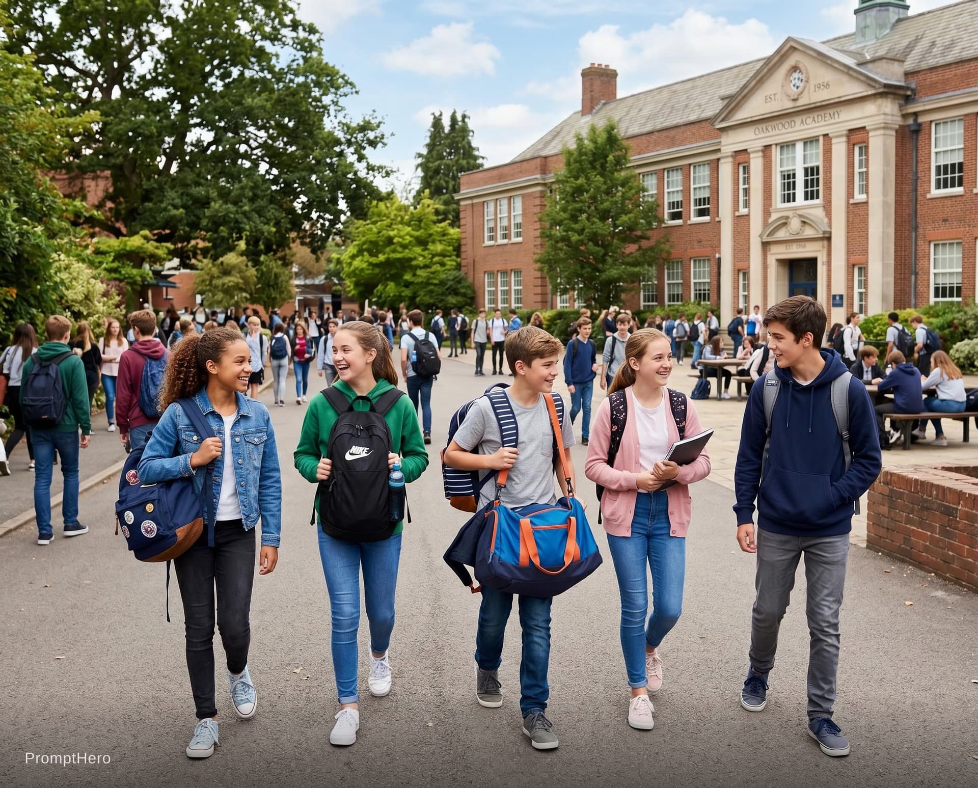 AI generated: School bags with students in School campus 