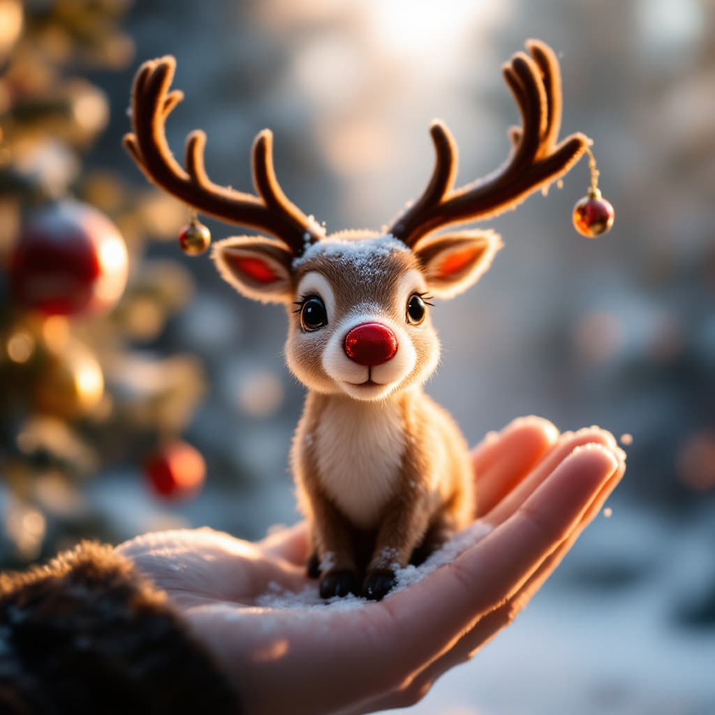 AI generated: A small reindeer with a shiny red nose, barely visible in the palm of your hand, with tiny baubles h...