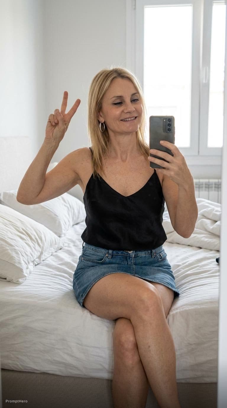 AI generated: Sitting on a bed taking a mirror selfie, doing hand peace sign, same hairstyle, almost no makeup kee...