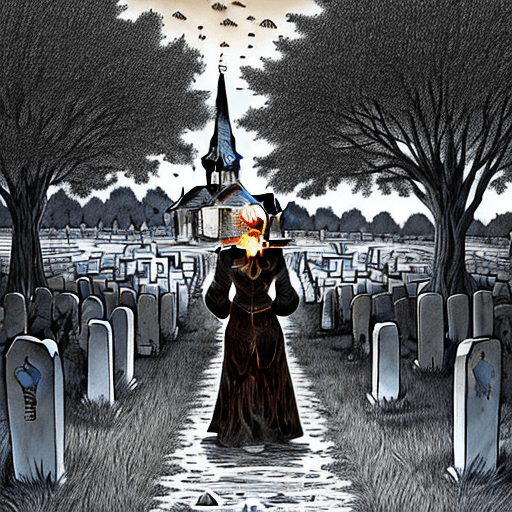 AI generated: cemetery coloring page, a cemetery, in the background a church, at dusk, with old, abandoned graves,...