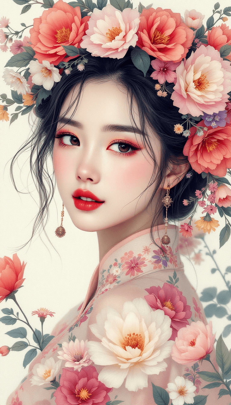 AI generated: picture of a chinesgirl dressed in flowers, in the style of artgerm, loose linework, lush and detail...