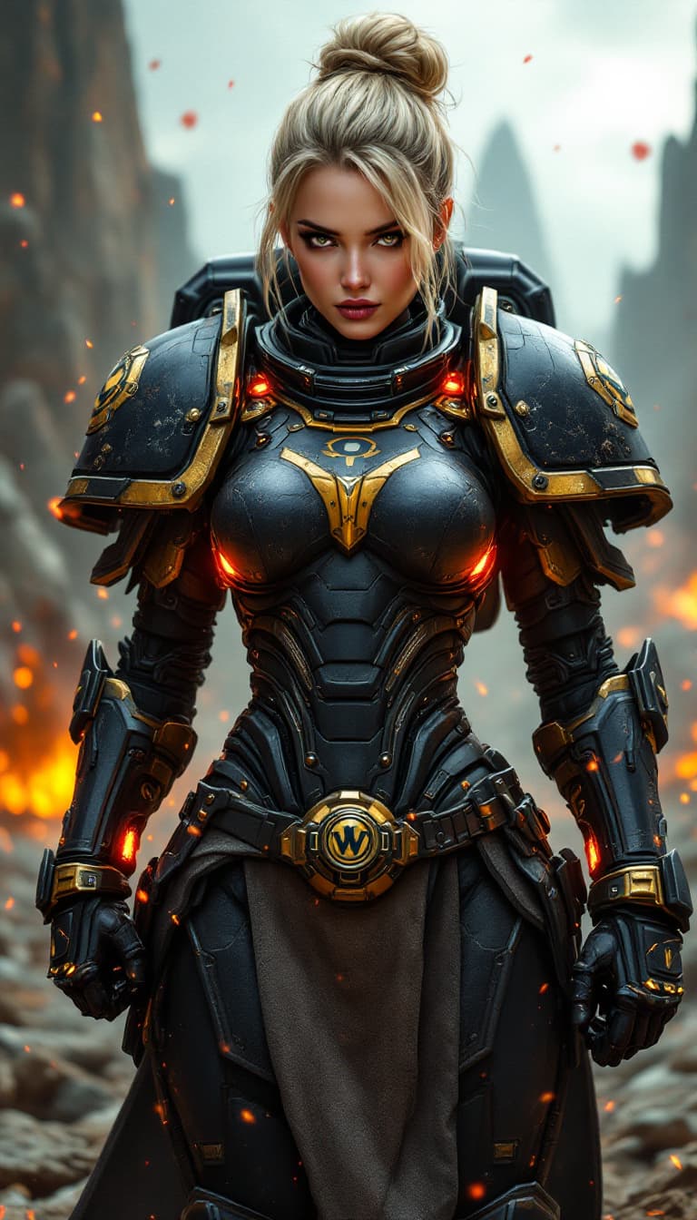 AI generated: A dynamic angle, full-body view, realistic portrait of a female space marine, her blonde hair styled...