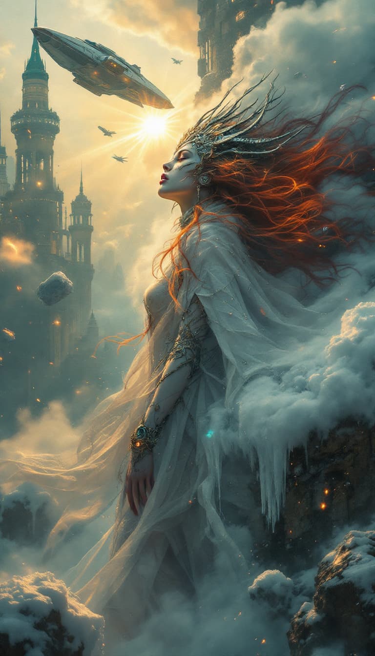 AI generated: Baroque-inspired sci-fi painting. Close-up. A beauty woman in a fantasy winter dress and ritual mask...